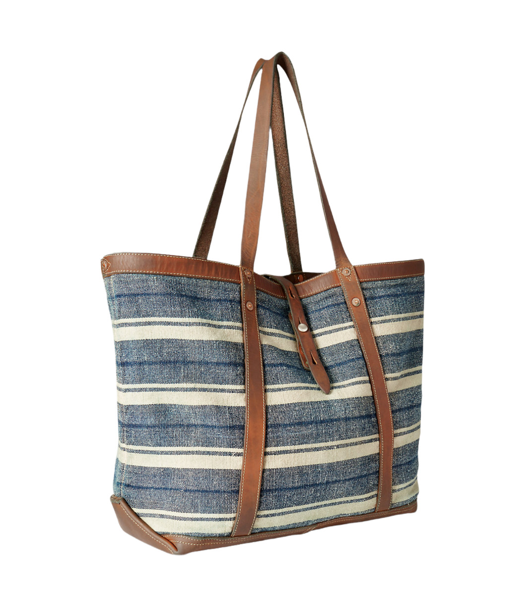 Ralph Lauren RRL Indigo Striped Cotton Canvas Leather Large 16″ Tote Bag New