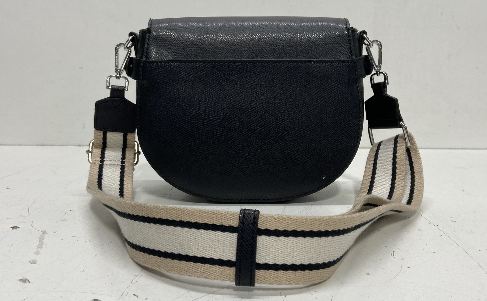 Calvin Klein Black Pebbled Crossbody Bag Striped Webbing Strap Silver Hardware