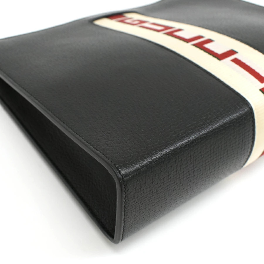 Gucci Clutch Bag Pouch 475316 Leather Black Logo Web Stripe Sherry Line