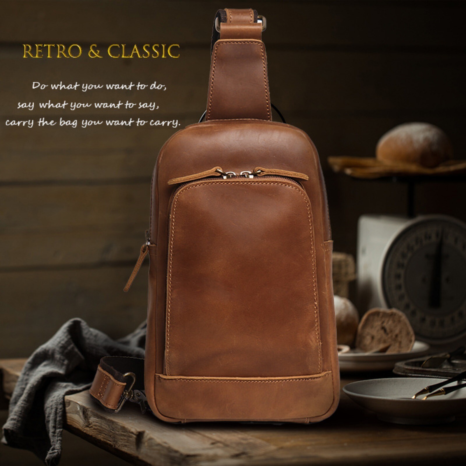 Men’s Leather Chest Sling Bag Crossbody Travel Backpack Shoulder Pack