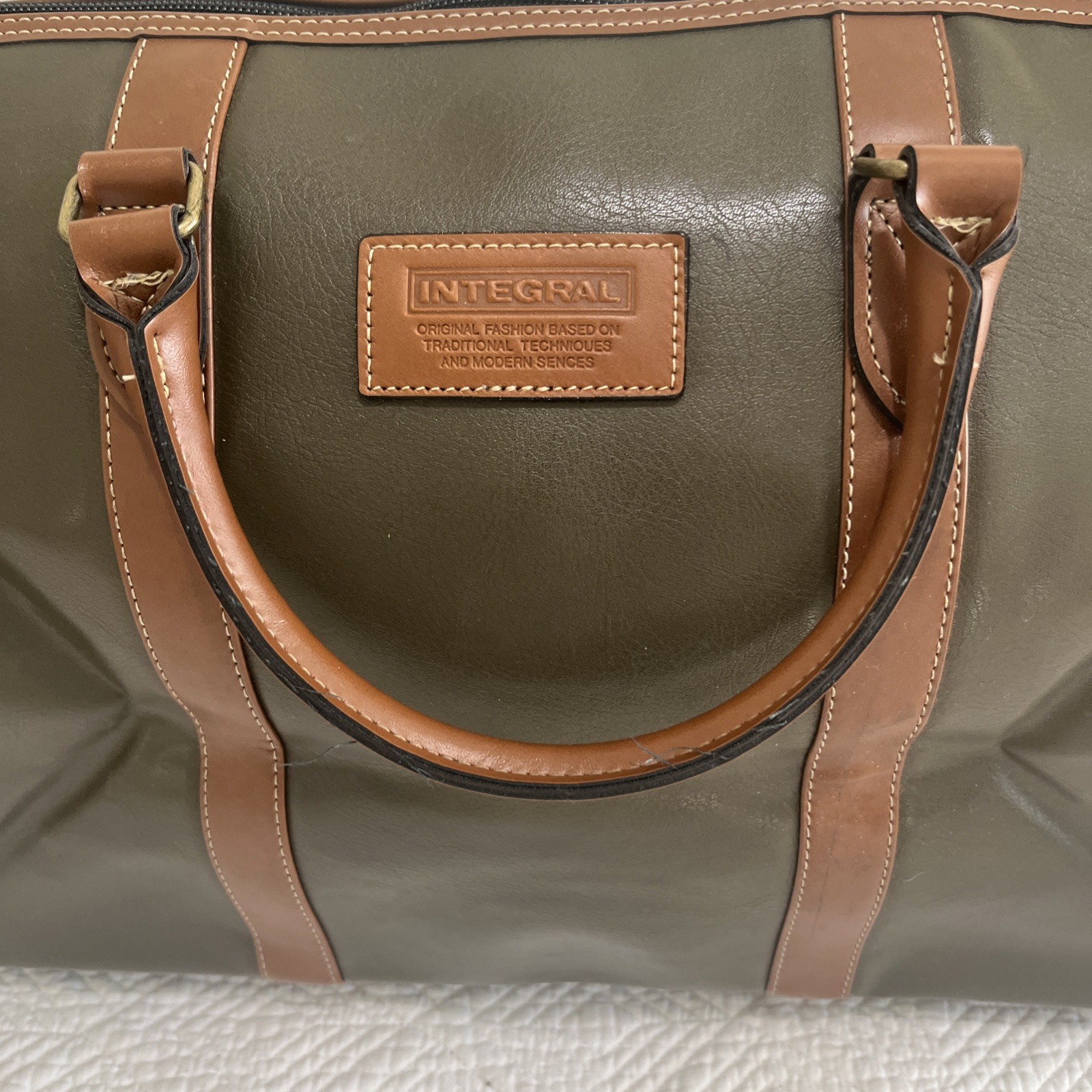 Synthetic Leather Duffel Bag Intergral Boston Travel Bag Large Men, Green Brown