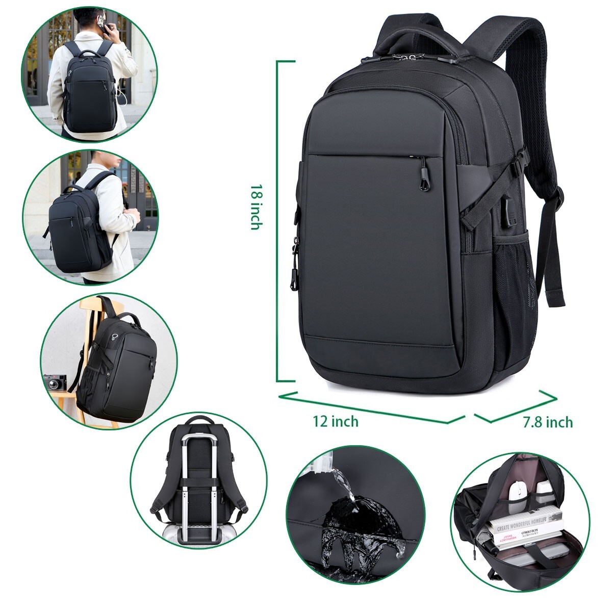 Unisex Adult Backpack Large Capacity Travel Rucksack Laptop Bag USB Port Black