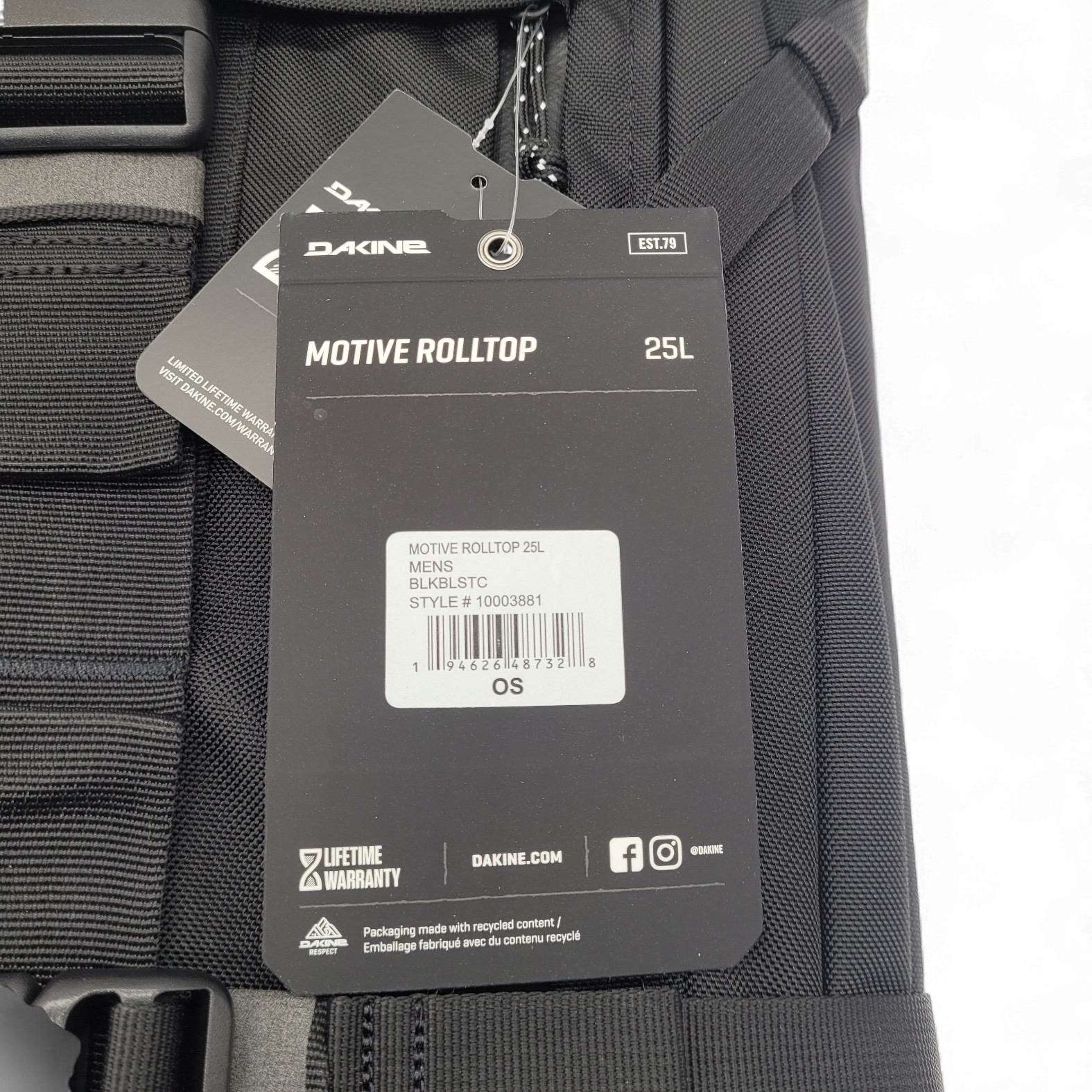 DaKine 25L Roll-Top Backpack – Black Ballistic Nylon – 19x13x6 Laptop Bag