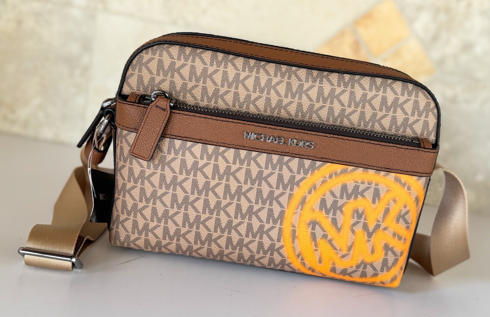 Michael Kors Cooper Utility Crossbody Flight Bag MK Brown/Pop Orange