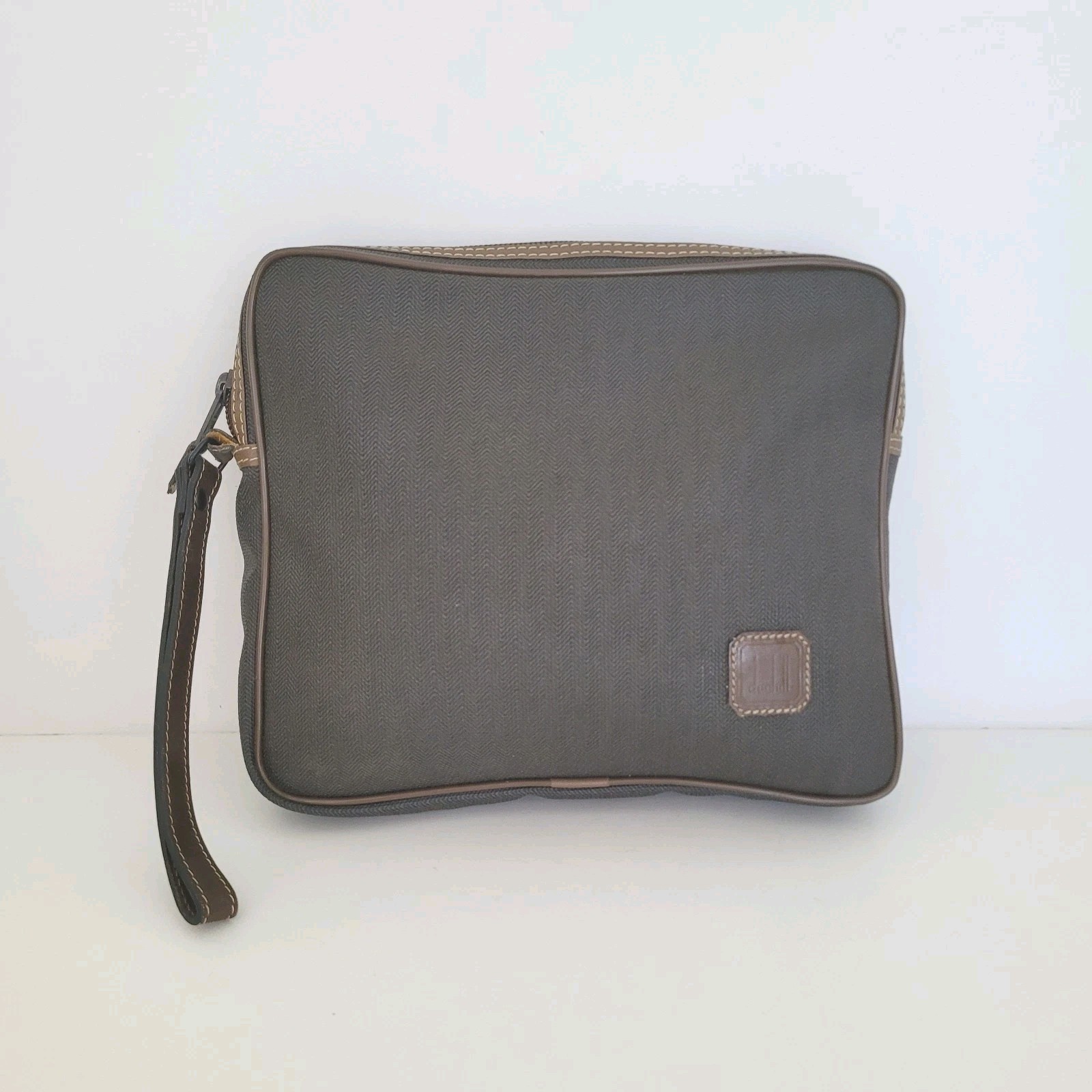 Dunhill Wristlet Pouch Unisex Bag Zip Around Brown Logo Designer Coated Canvas