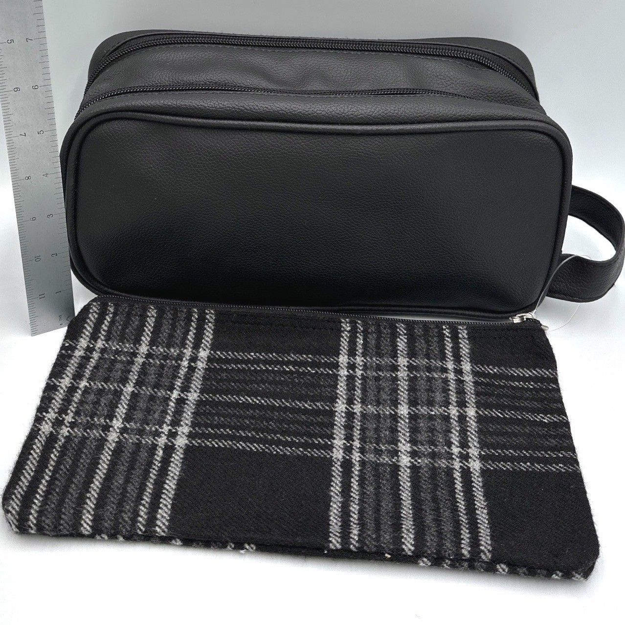 Jet Set Black Faux Leather Dopp Kit & Plaid Zipper Pouch Travel Toiletry Set NEW