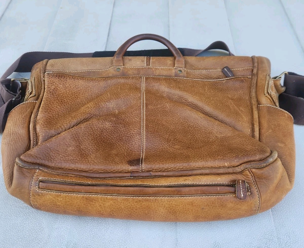 Vtg LL Bean Leather Laptop Messenger Briefcase Tan Bag Expandable Distressed