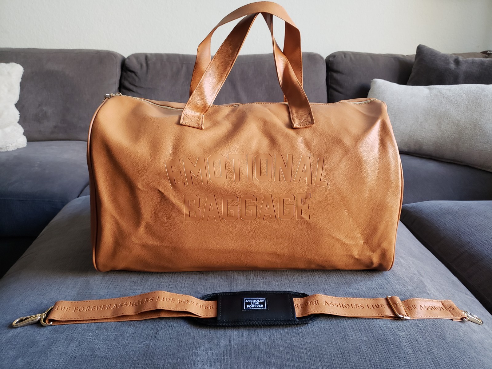 ASSHOLES*S LIVE FOREVER – Emotional Baggage Camel Tan Faux Leather BRAND NEW!