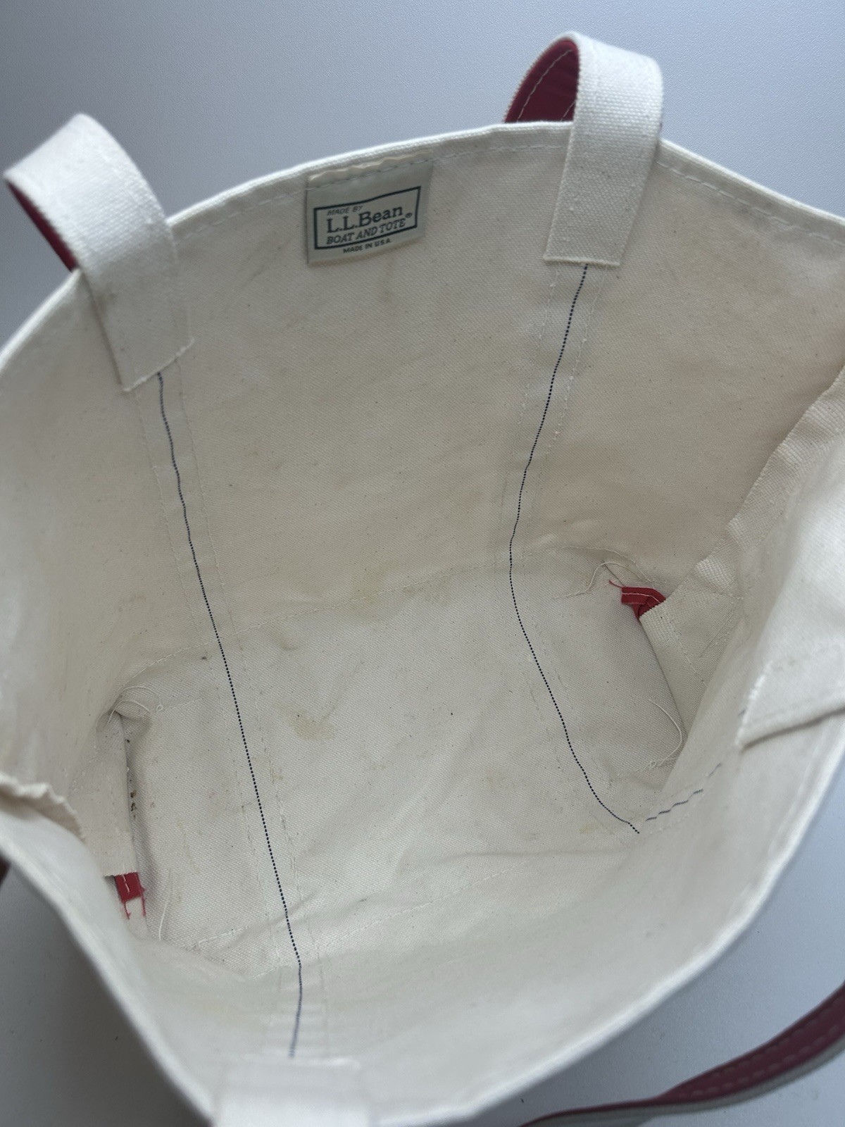 Vintage 90’s LL BEAN Boat and Tote Bag Large Ivory Red Stiff Canvas USA