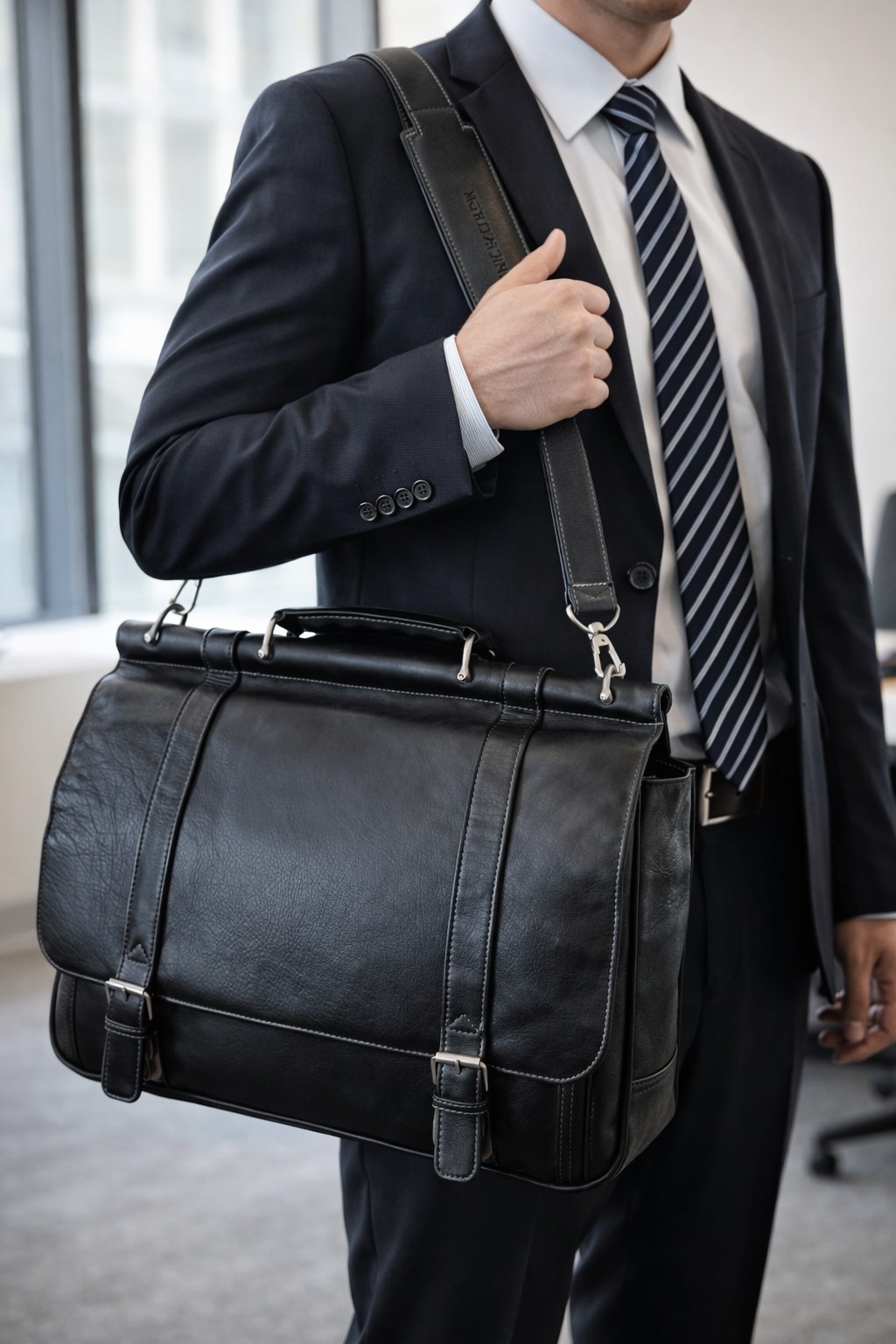 CLASSIC Black LEATHER ATTACHE Office Work BRIEFCASE Executive Lawyer MESSENGER