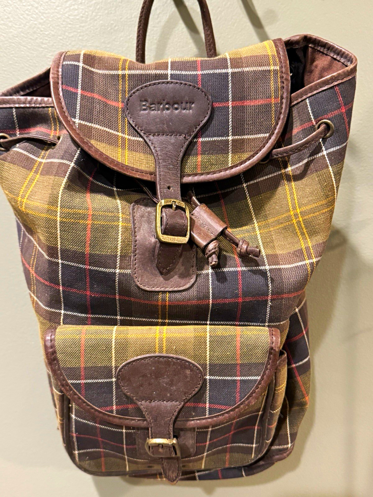 Barbour Plaid Backpack Rucksack Medium Brown Multicolor Drawstring Buckle
