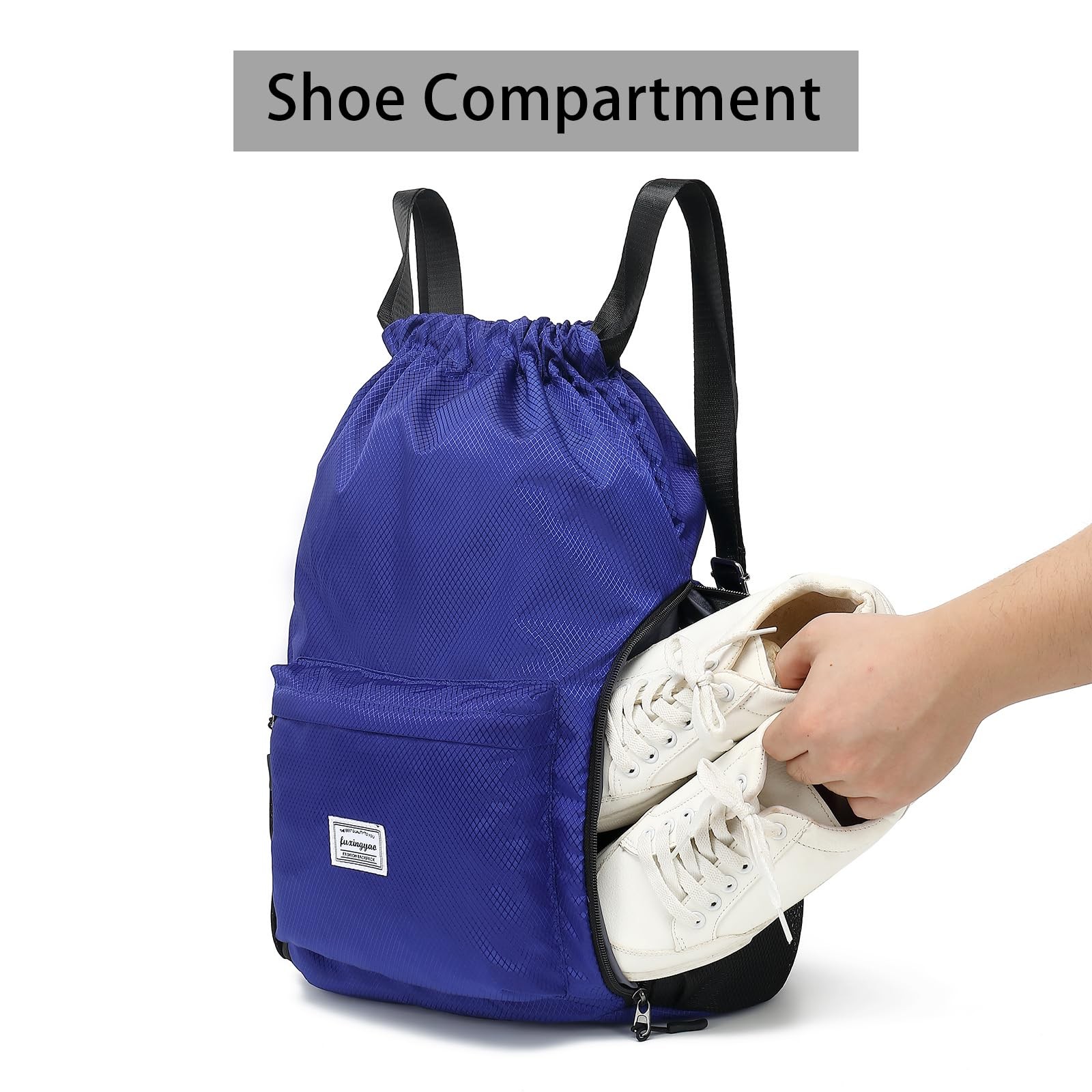 Drawstring Backpack Sports Gym Bag Shoe Compartment String Cinch Women Blue