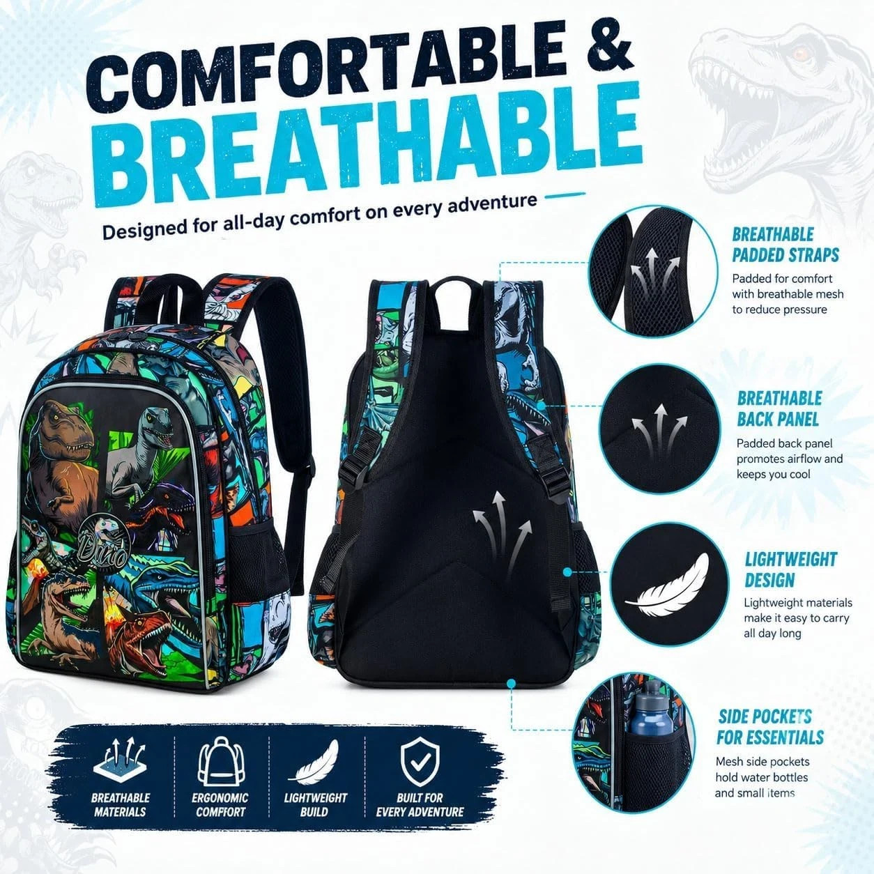 3PCS Dinosaur Backpack for Boys, 16 Inch Kids Water Resistant Preschool Elementa