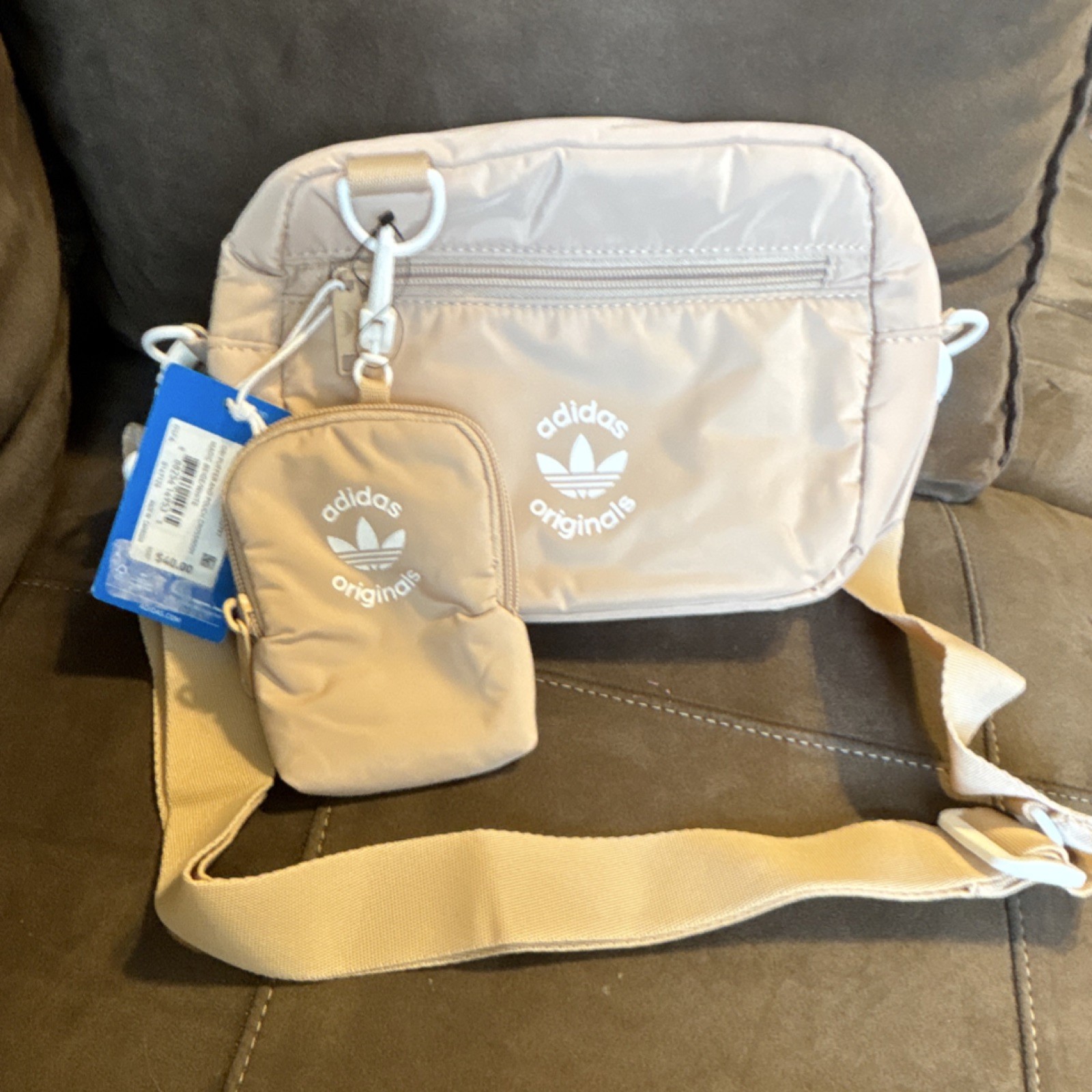 adidas Beige Small Crossbody Bag Zip Closure w/ Removable Pouch, Inner Pockets