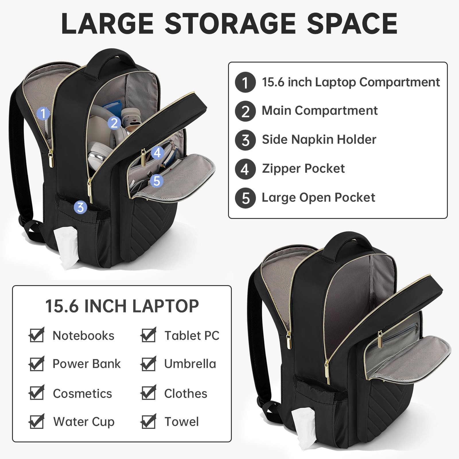 Black 15.6 Inch Laptop Backpack For Women Water Resistant Work 16 Pockets