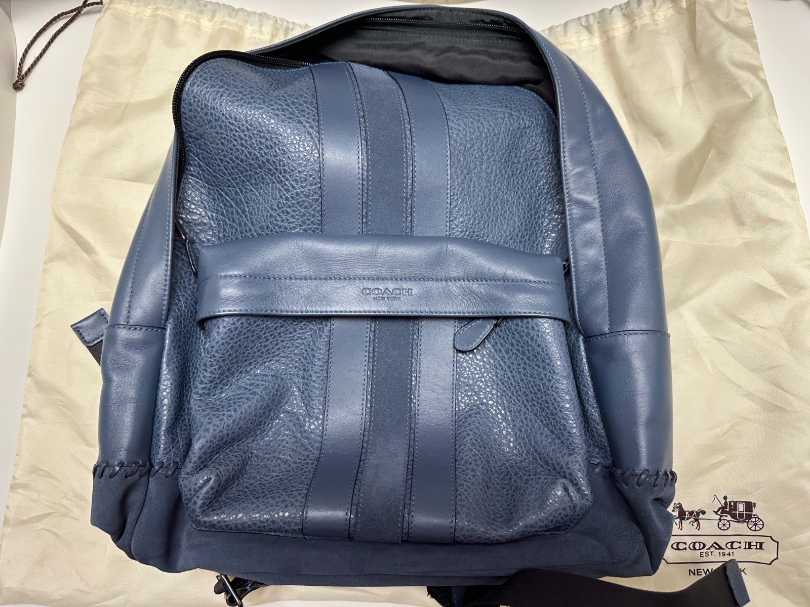 Coach F11250 Charles Mens Leather Backpack Blue Baseball Stitch Varsity Stripe