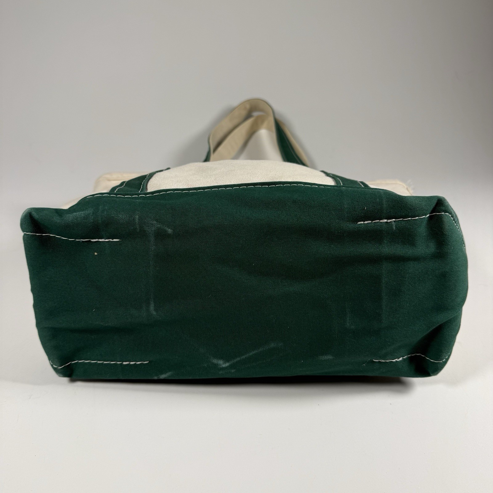 LL Bean Boat and Tote Canvas Bag 12.5″ 5.5″ Green White Made In USA Stiff
