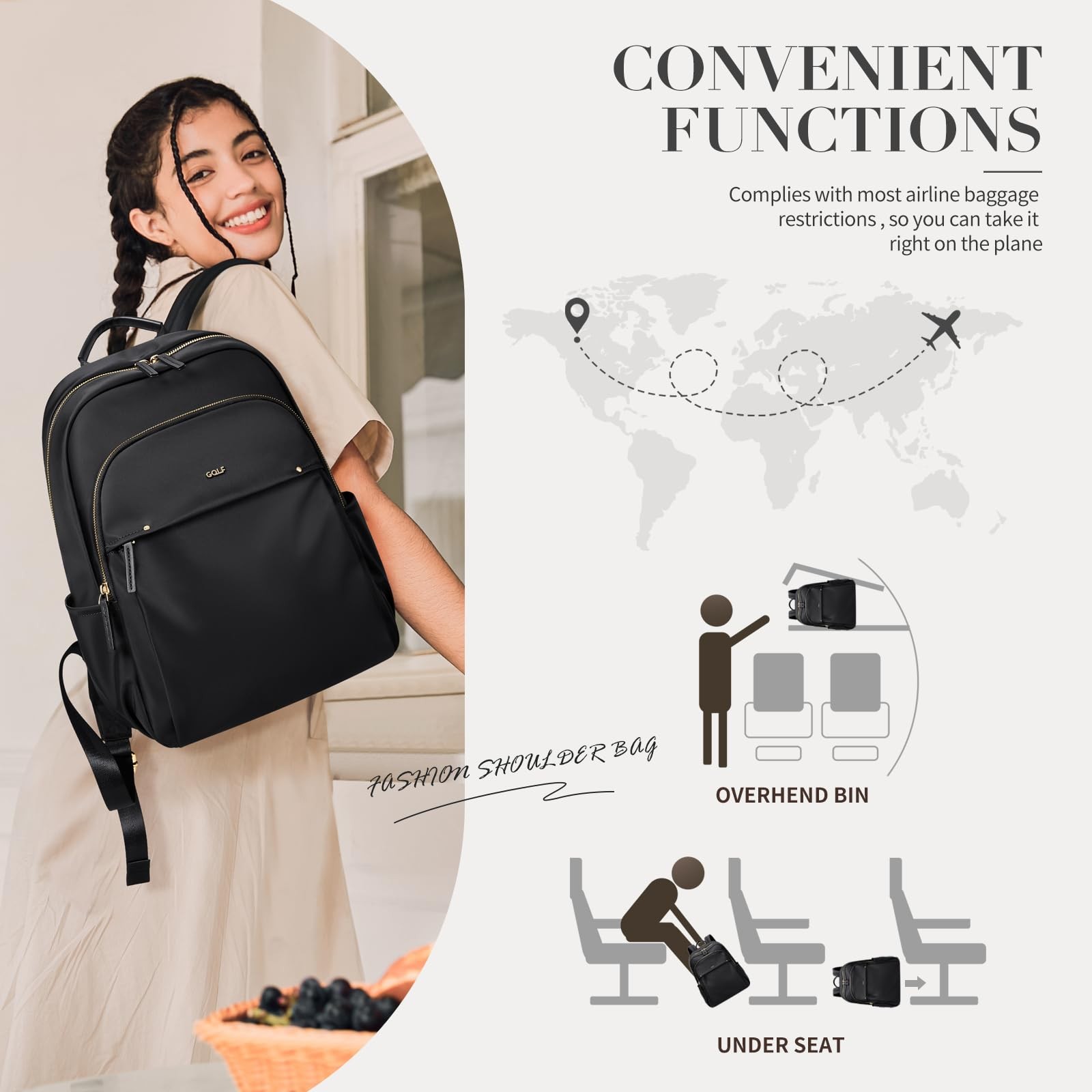 Stylish Laptop Backpack For Women Computer Bag Fits 14 Inch Travel Black