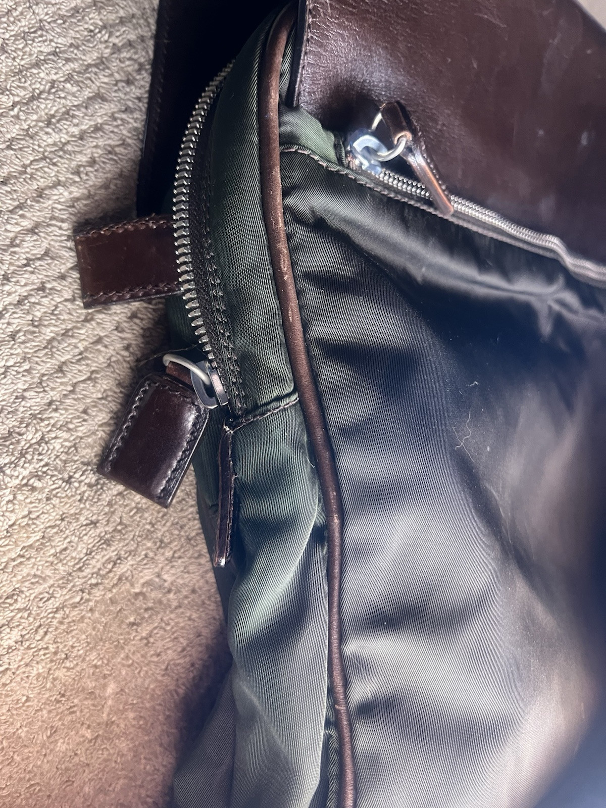 Prada Men’s Messenger Type Bag, Brown Leather w/ Black & Green Vinyl, Push-lock