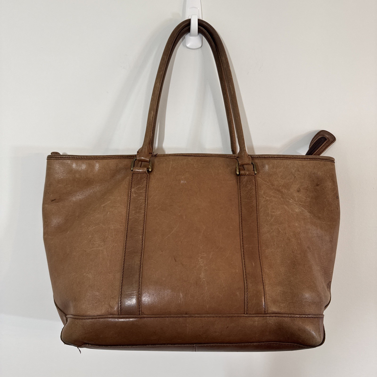 Vintage LL Bean Large Brown Leather Carryall Tote Bag Animal Print Lining