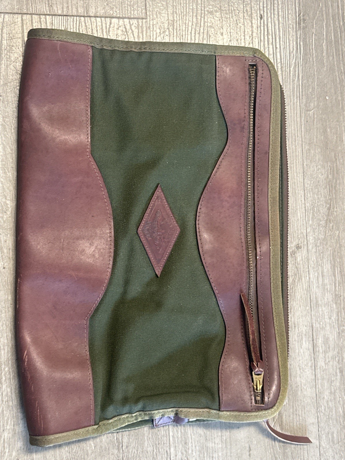Vintage Diamond Bluff Canvas & Leather Portfolio Field Bag Green Brown Brass Zip