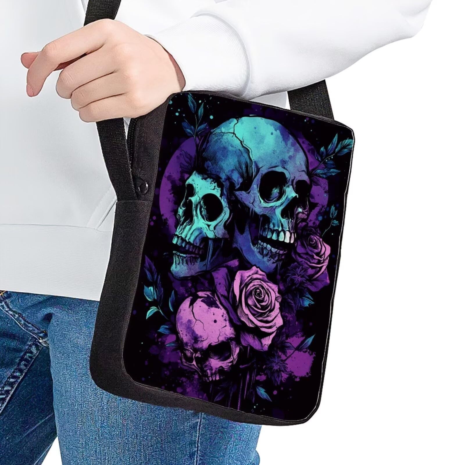 Gothic Skull Rose Crossbody Bag for Travel Black Womens Small Messenger Bag L…