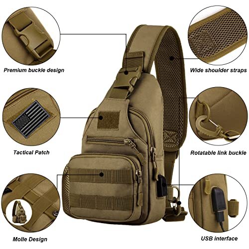 Tactical Sling Crossbody Backpack with Water Bottle Holder, Shoulder Coyote