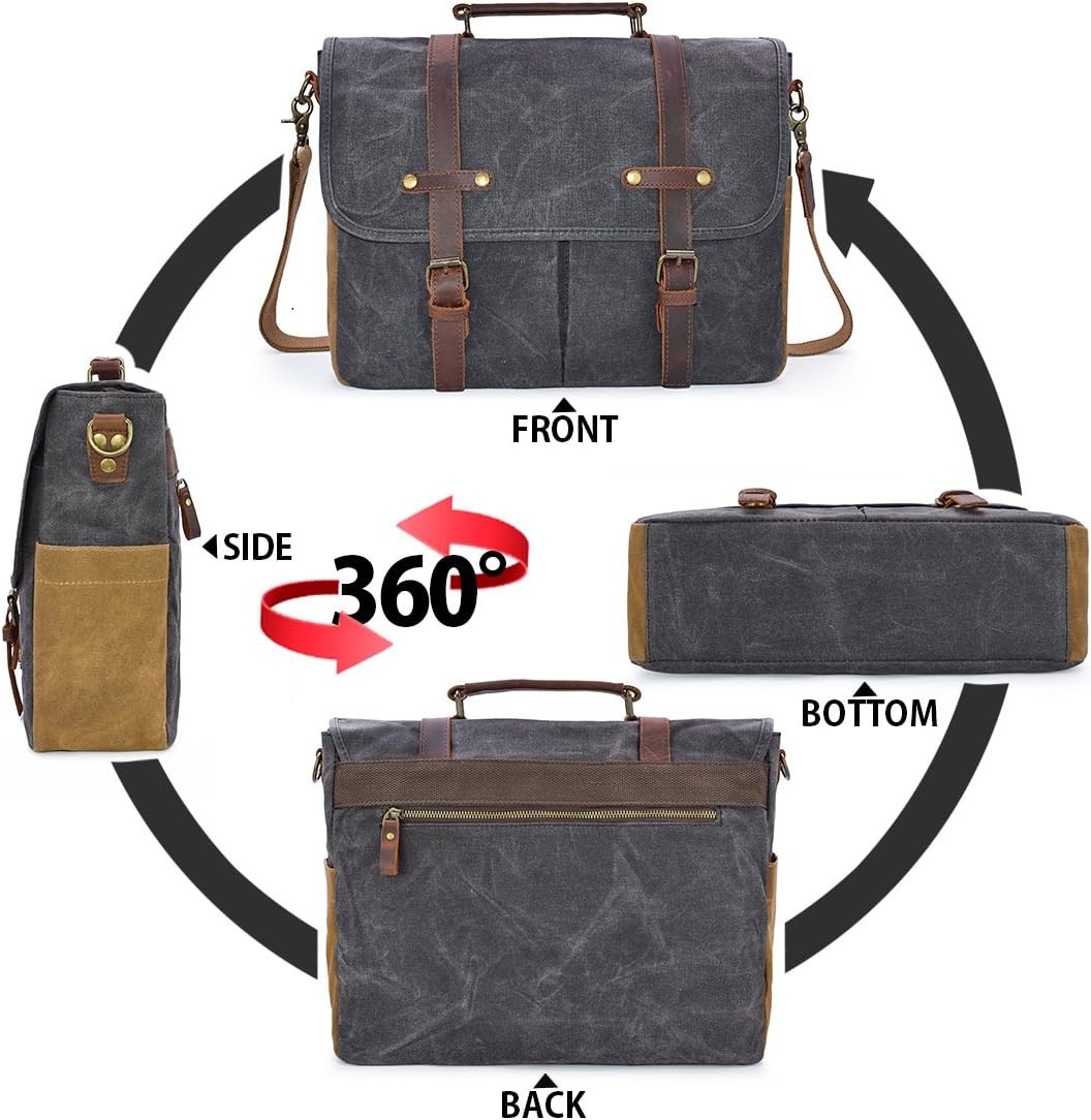 Men’s 15.6″ Waterproof Leather Canvas Laptop Messenger Bag Grey Satchel