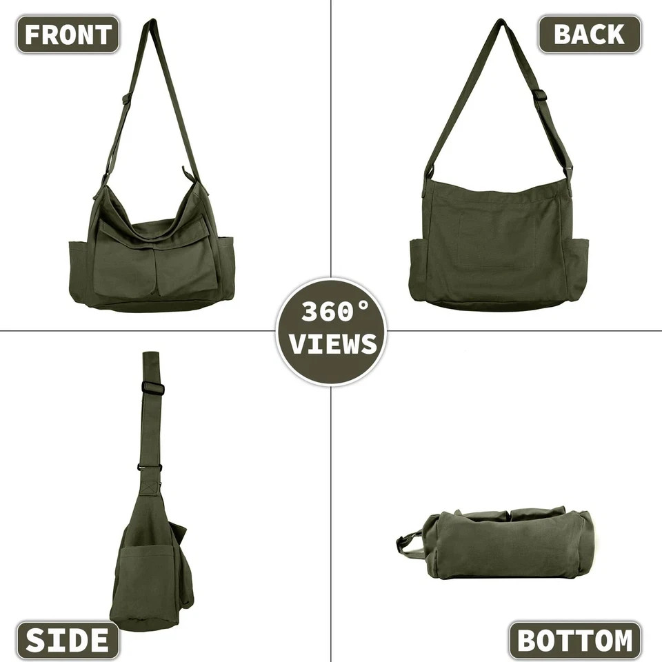 Canvas Messenger Bag Large Crossbody Bag with Multiple Pockets Casual Tote Bag