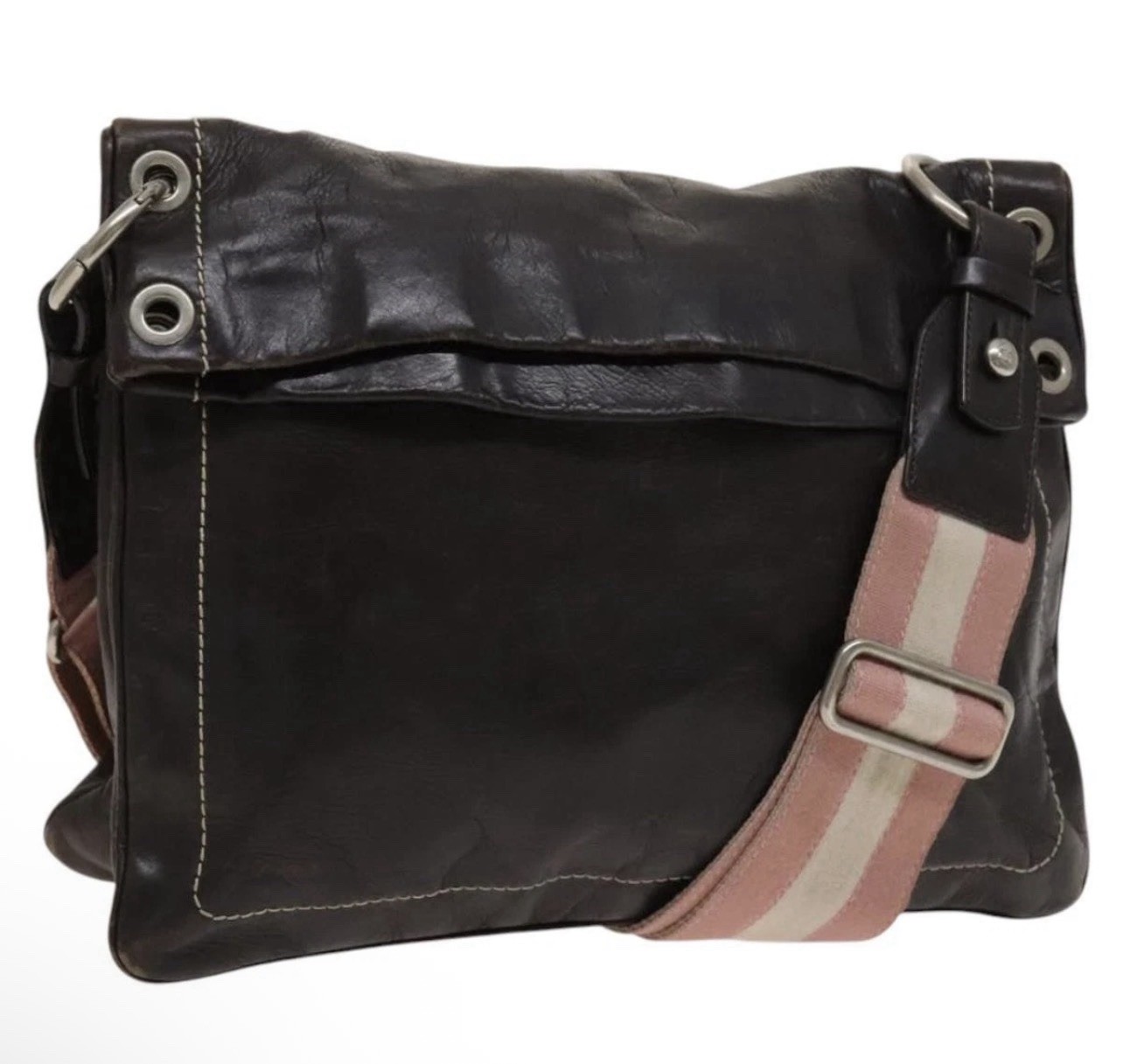Bally Brown Leather Bag w/Rare Pink & Ivory Canvas Strap 10″ x 13″ Vintage