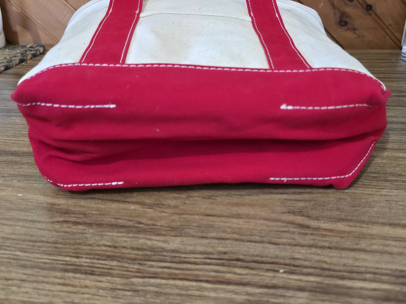 Vintage LL Bean Small Boat Tote Insulated Cooler Lunch Bag Beige Red Handles
