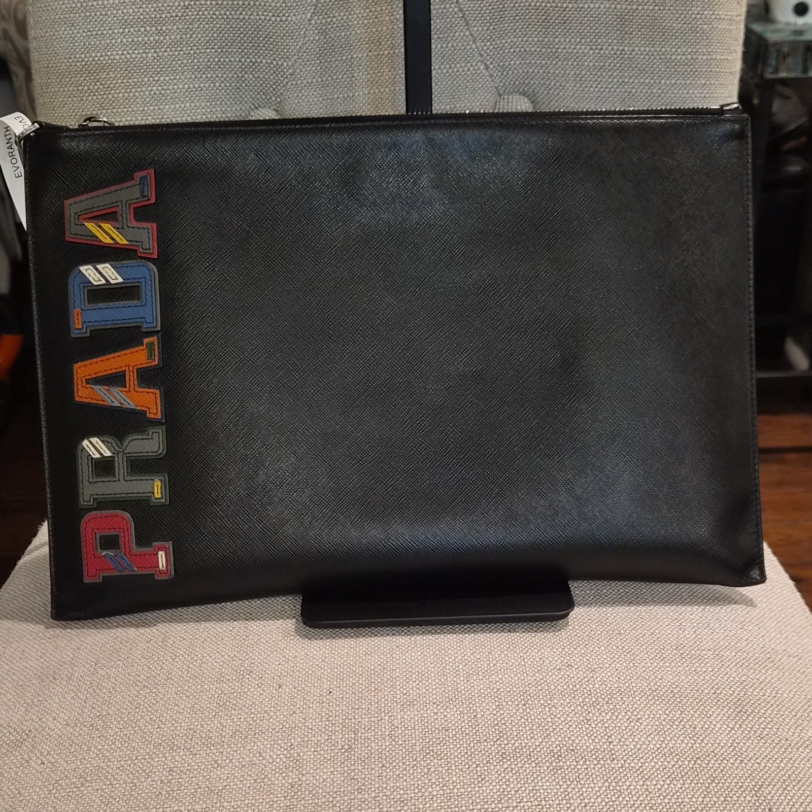 PRADA Unisex Black Clutch Bag Multicolor Logo Zip Closure Inner Pockets Designer