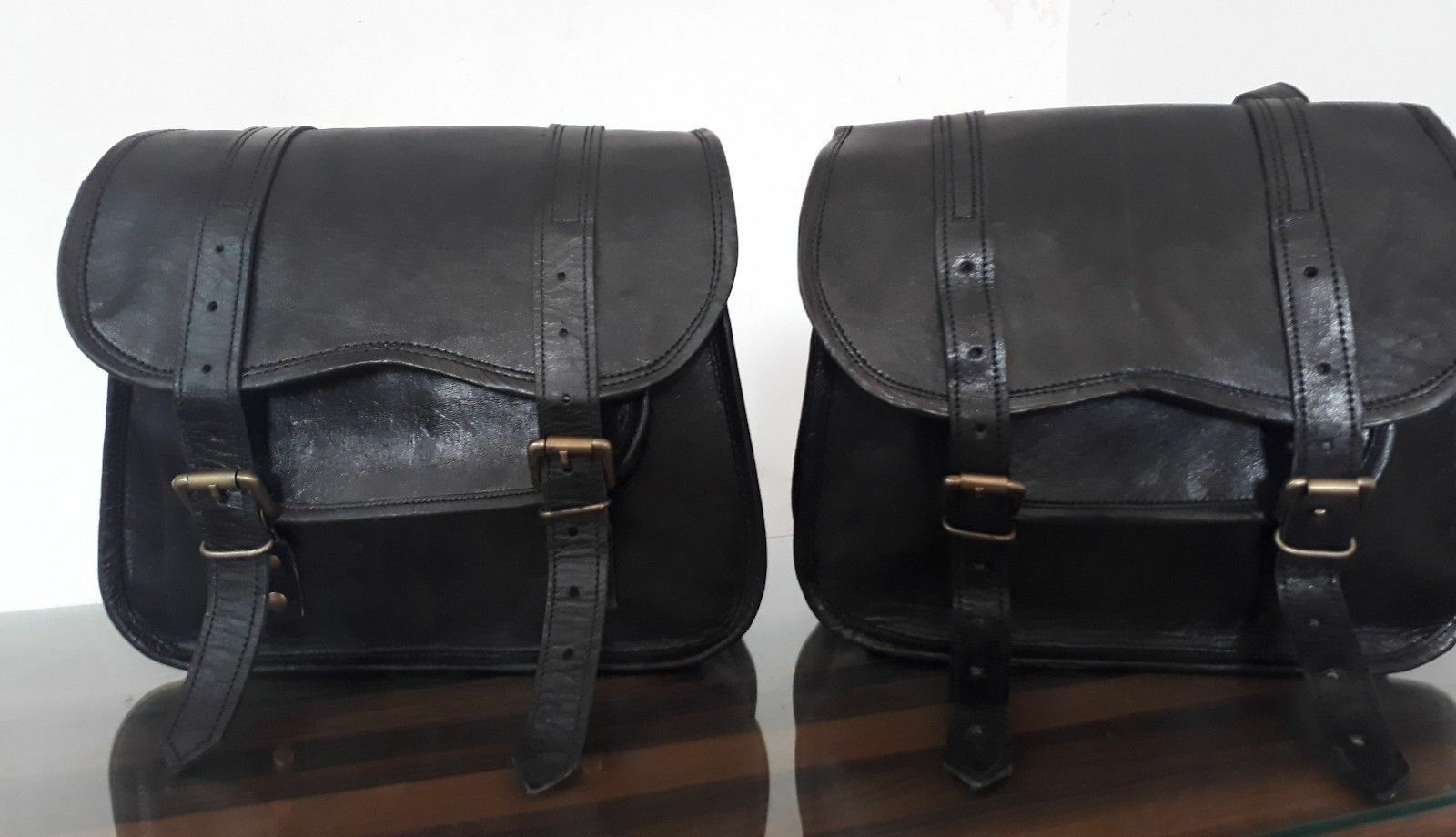 Genuine Leather Saddle Bag Motorcycle Two Left Right Panniers Shoulder Straps