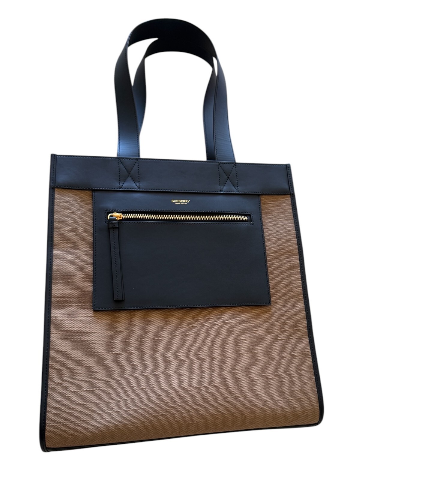 Burberry Camel Fabric and Black leather Medium Tote Bag, 8093452