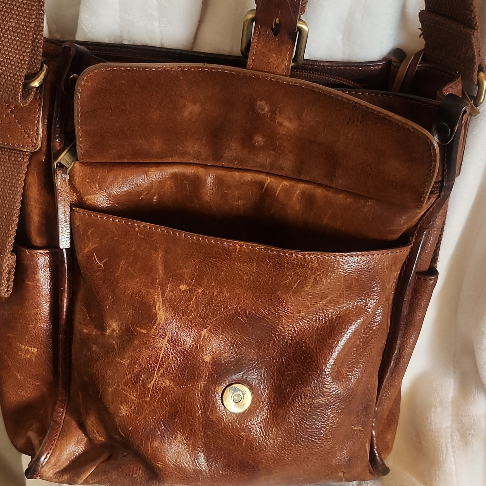 CARGOit Men’sLeather Brown Crossbody Bag Zip Buckle Snap, Pockets, Canvas Strap