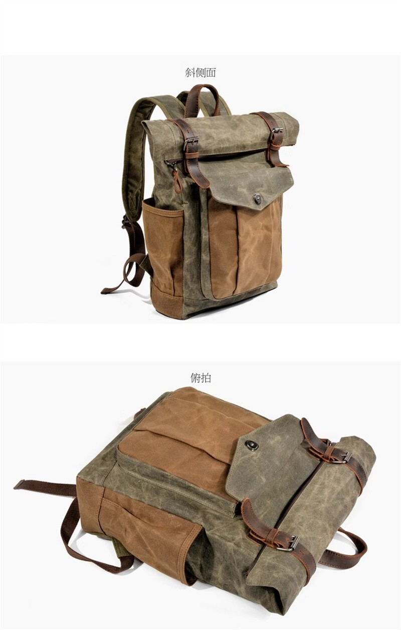 Men Retro Oil Wax Canvas Backpack Shoulder Bag Leisure Travel Knapsack
