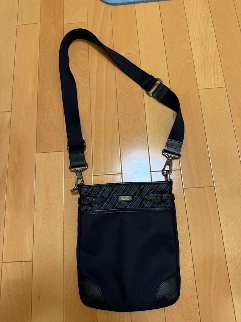 Burberry Black Label Nylon Leather Check Crossbody Shoulder Bag Men Black