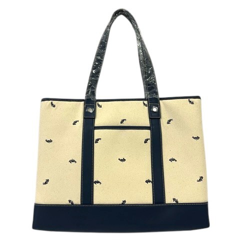 MR.JUNKO Tote Bag White Navy Canvas Leather Logo Animal Pattern S/N 32cm