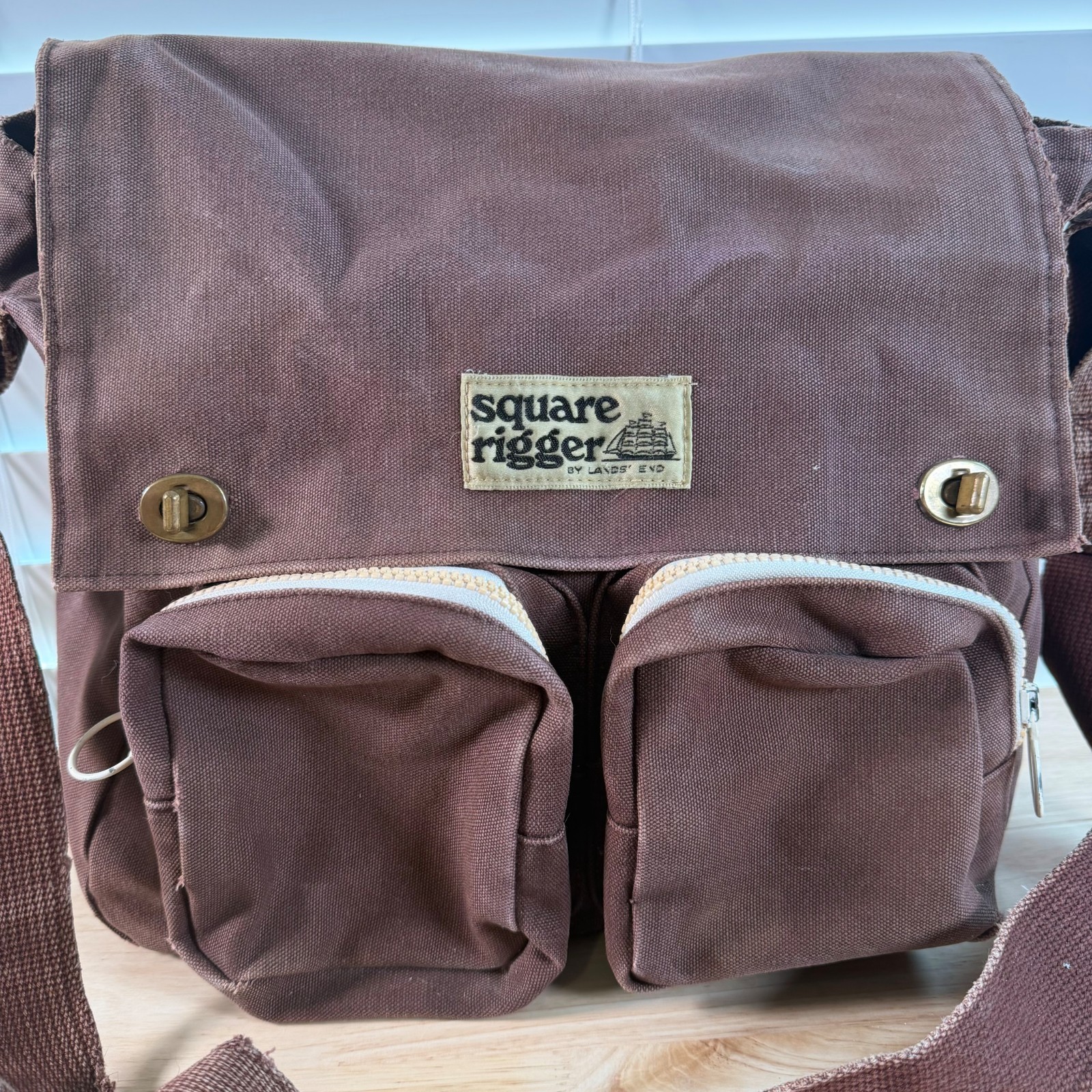 Lands’ End Square Rigger Brown Canvas Durable Classic Flap Front Messenger Bag