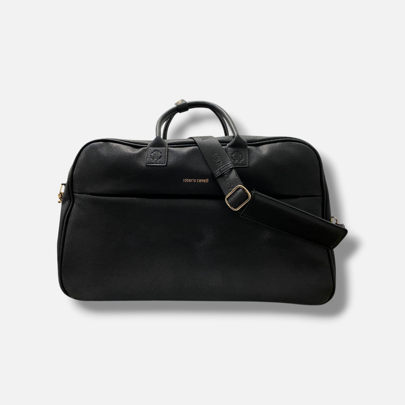 Roberto Cavalli Men’s Black Pebble Grained Faux Leather Travel Duffle Bag