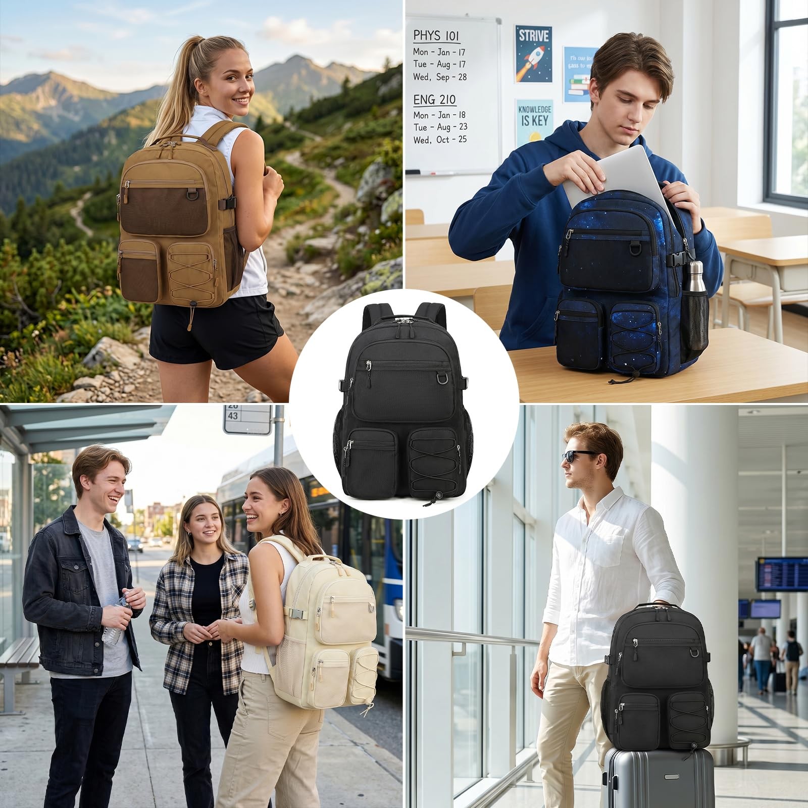 Navy Geometry Multi Pocket Heavy Duty Backpack 15.6 Inch Laptop Compartment