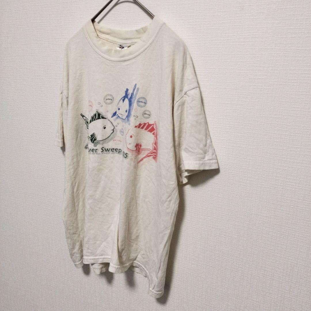Jerseys Fish Print Crew Neck Short Sleeve Cut and Sewn M White Cotton Souvenir