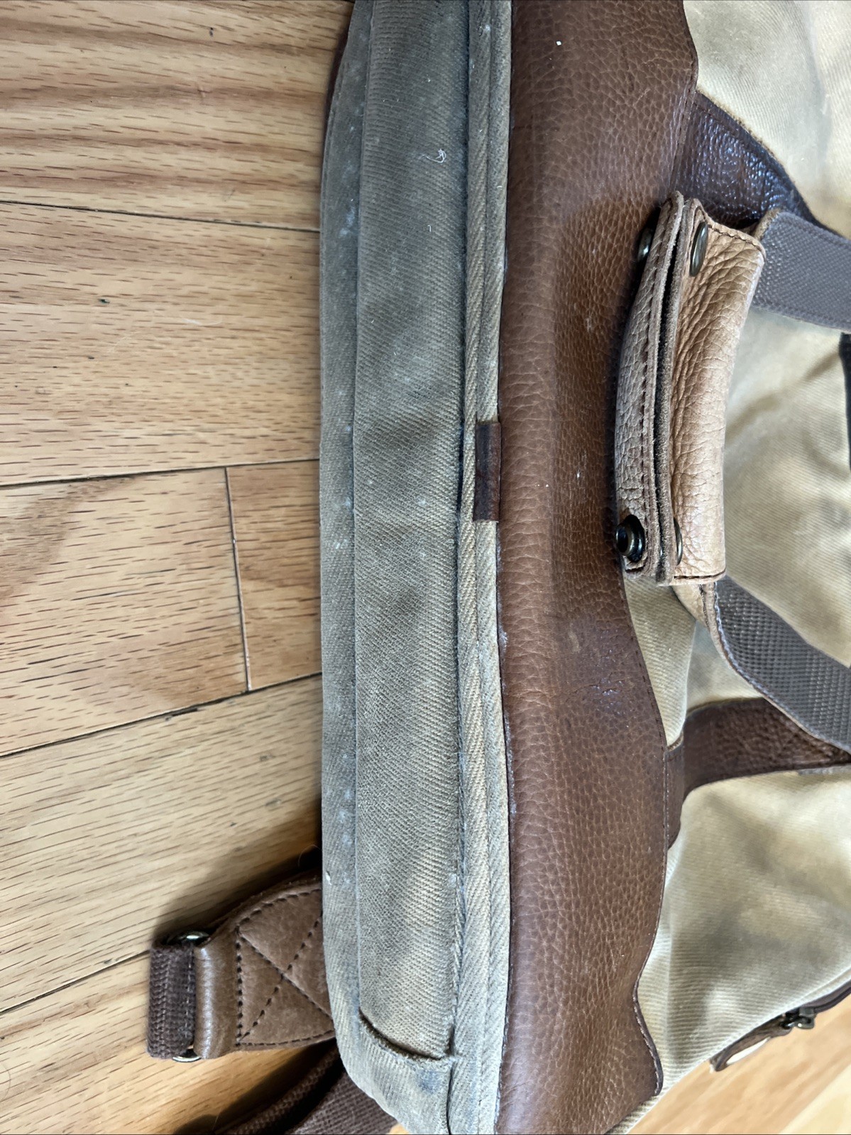 LL Bean Canvas Messenger Crossbody Bag Push Lock Leather Trim Tan Brown