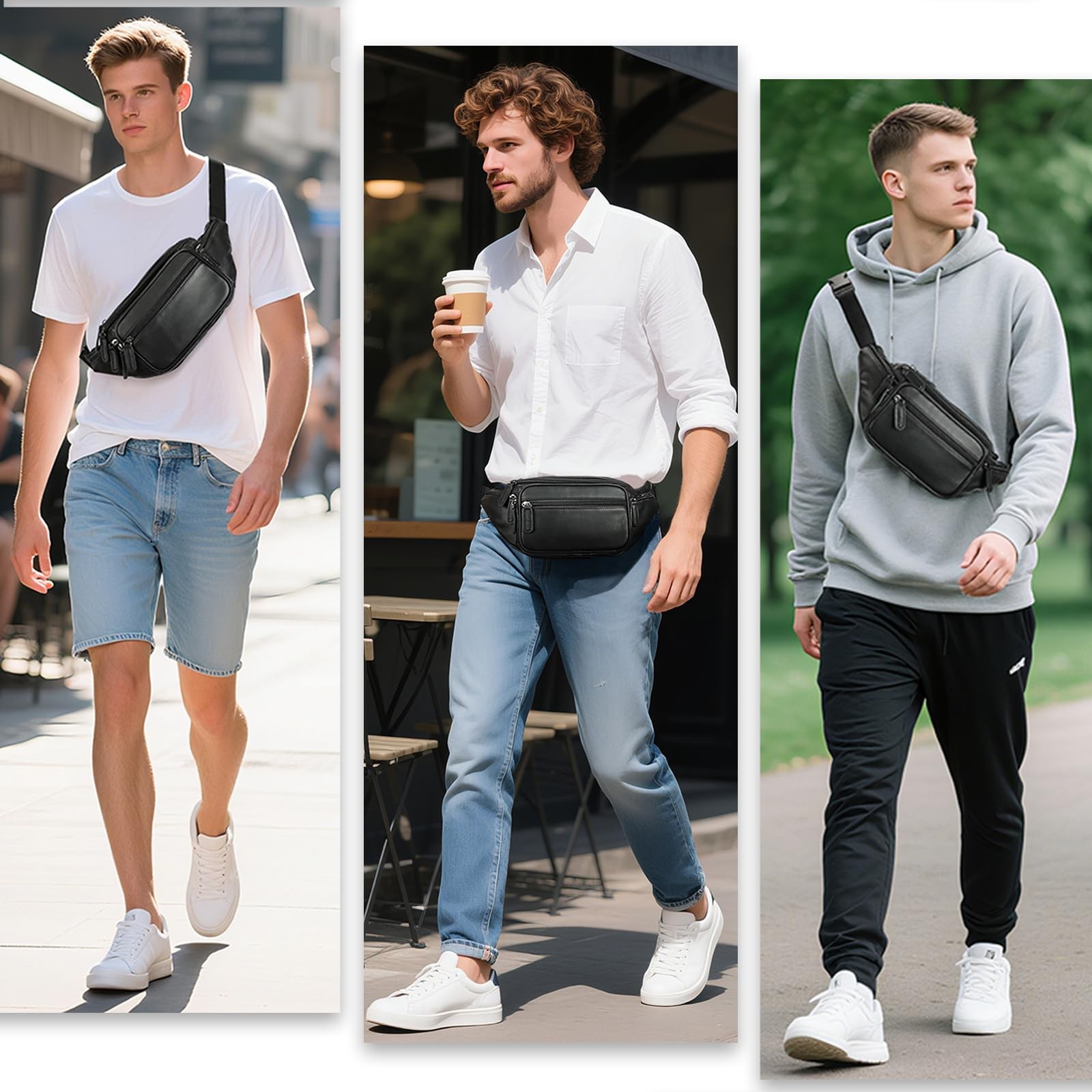 Genuine Leather Fanny Pack Men Women MultiPockets Sling Waist Bag Black