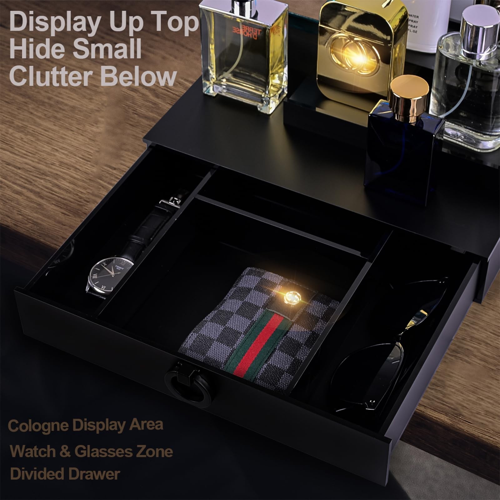 Men’s Valet Organizer with Drawer, Hidden Compartment, Matte Black