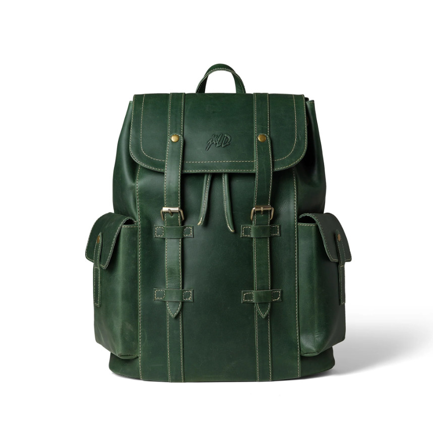 Leather Backpack Men Brown Green Laptop Office Travel Bag Double Shoulder Strap