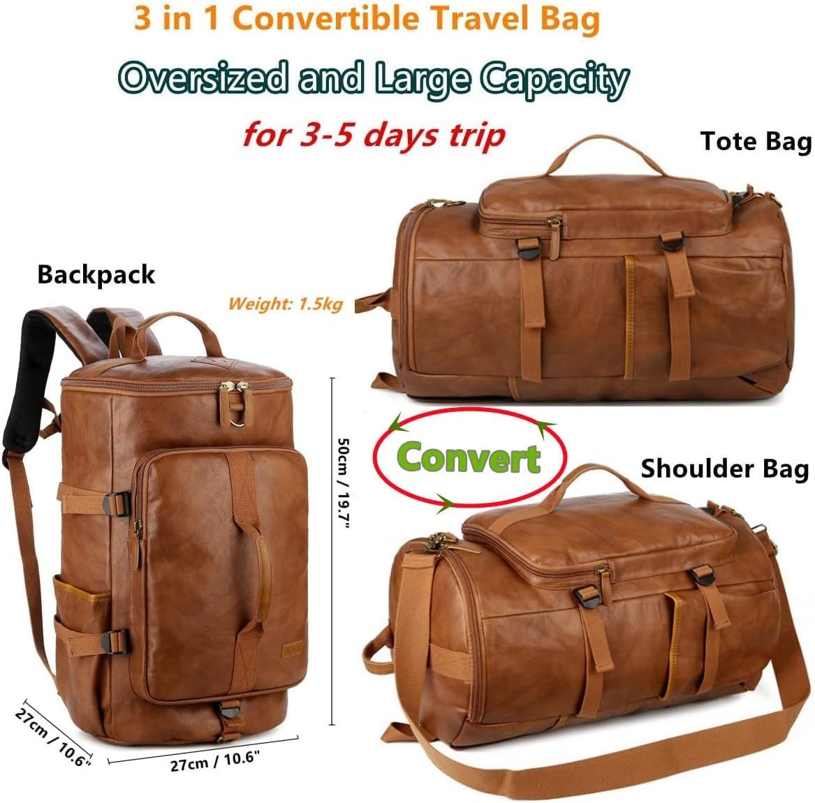Stylish Vegan Leather Men Weekender Travel Duffel Tote Bag Backpack Travel Hikin