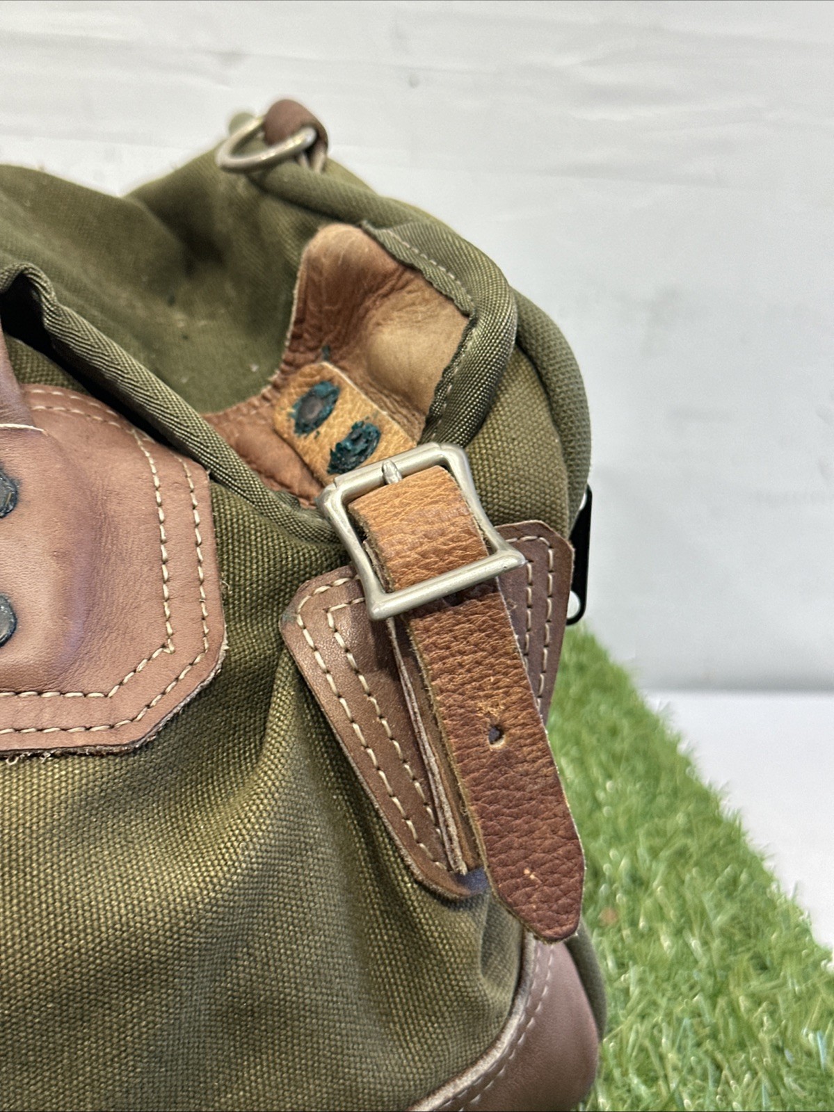 VNTG Orvis Duffle Bag Canvas Leather Green Brown Travel Weekender Luggage Large