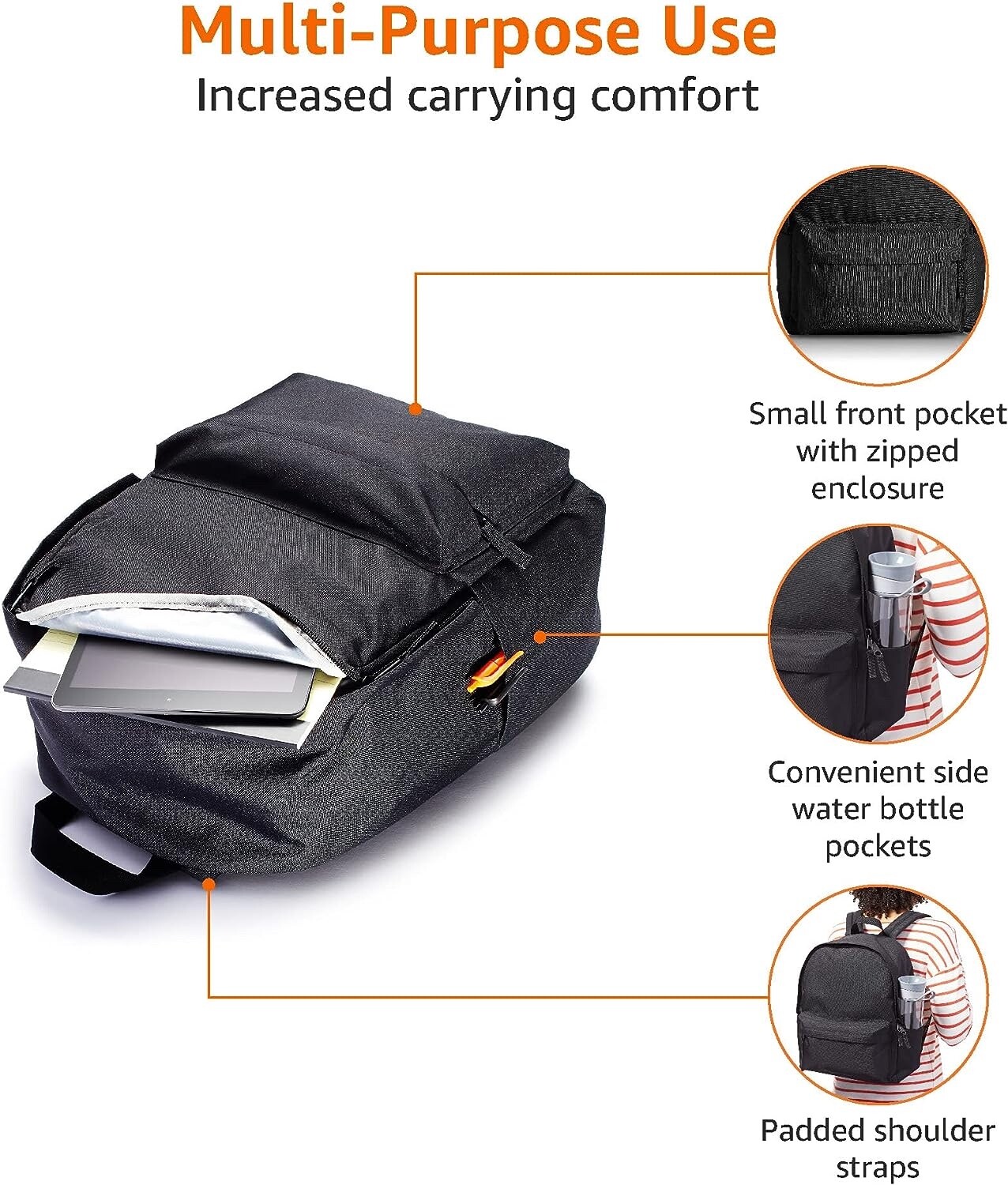 Amazon Basics Classic School Lightweight double-zipper closure Backpack, Black