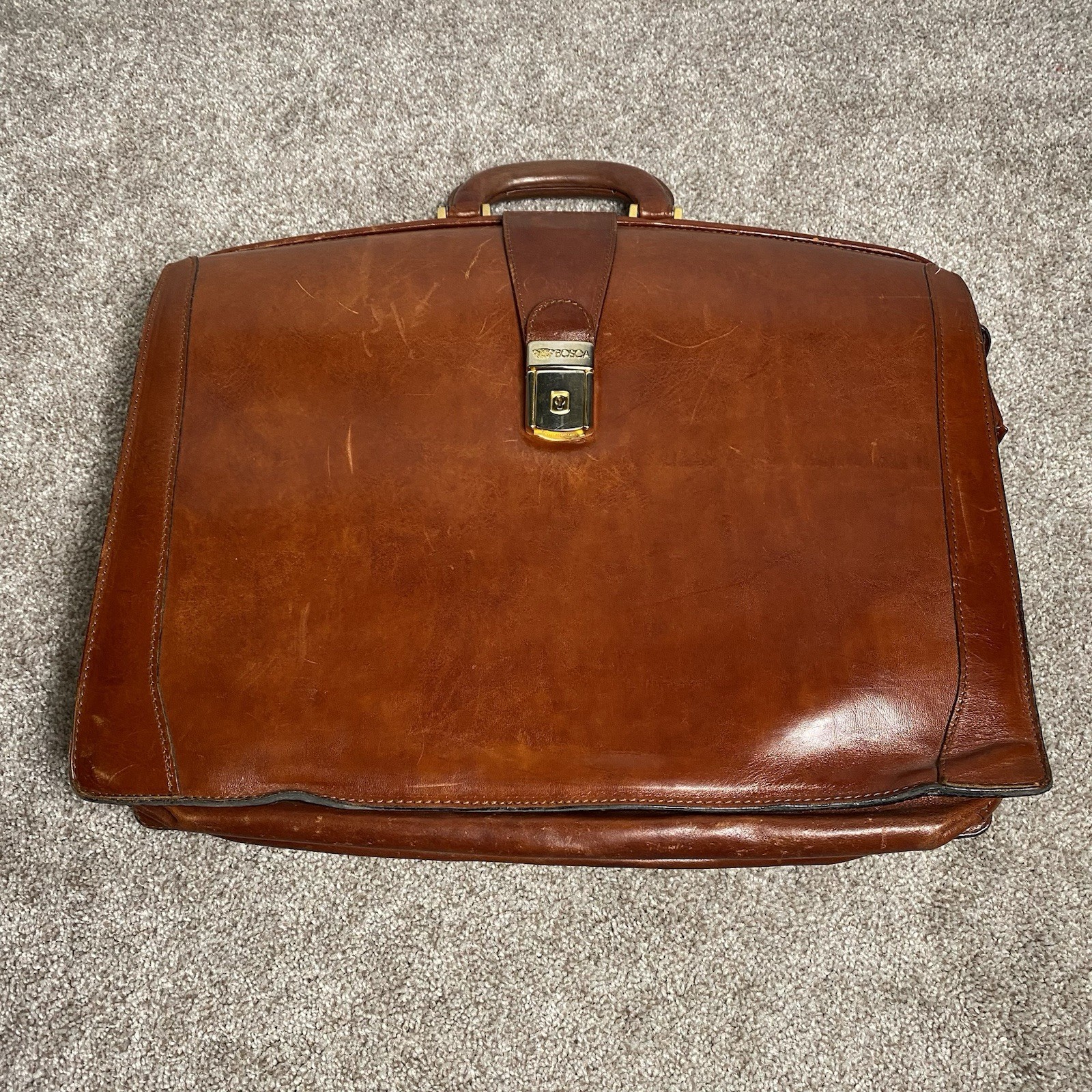 VTG Bosca Old Leather Partners Large Brief Case Bag Lock/Key Cognac Nice Patina